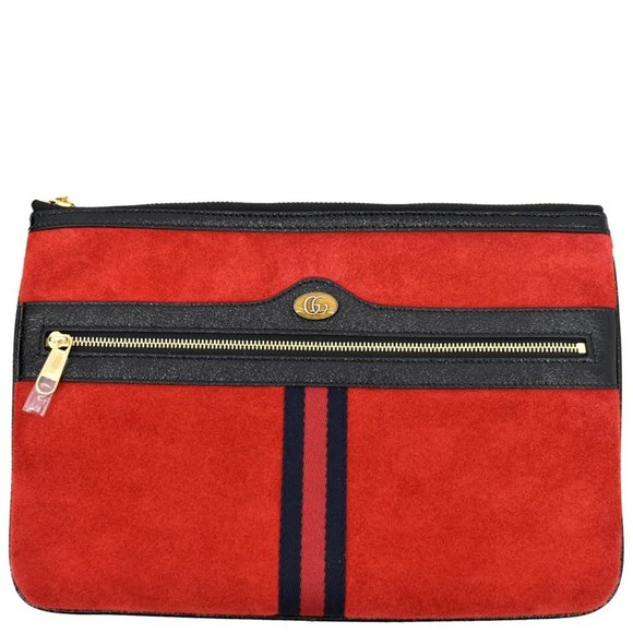 GUCCI Ophidia GG Suede Leather Pouch Clutch Bag Red
